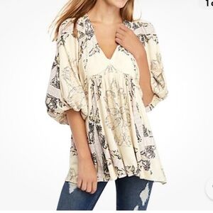 Free People Cream and Black Floral Blouse
